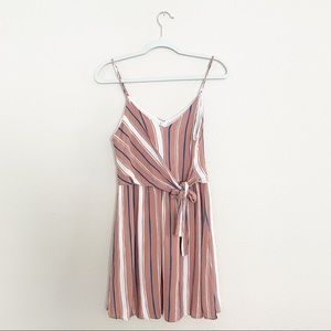 Everly spaghetti strap lined front wrap tan white and blue striped dress